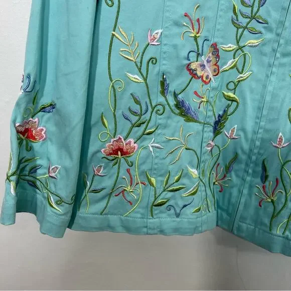 Quacker Factory Embroidered Mandarin Collar Stretch Jacket Turquoise Aqua Size M - Picture 8 of 14